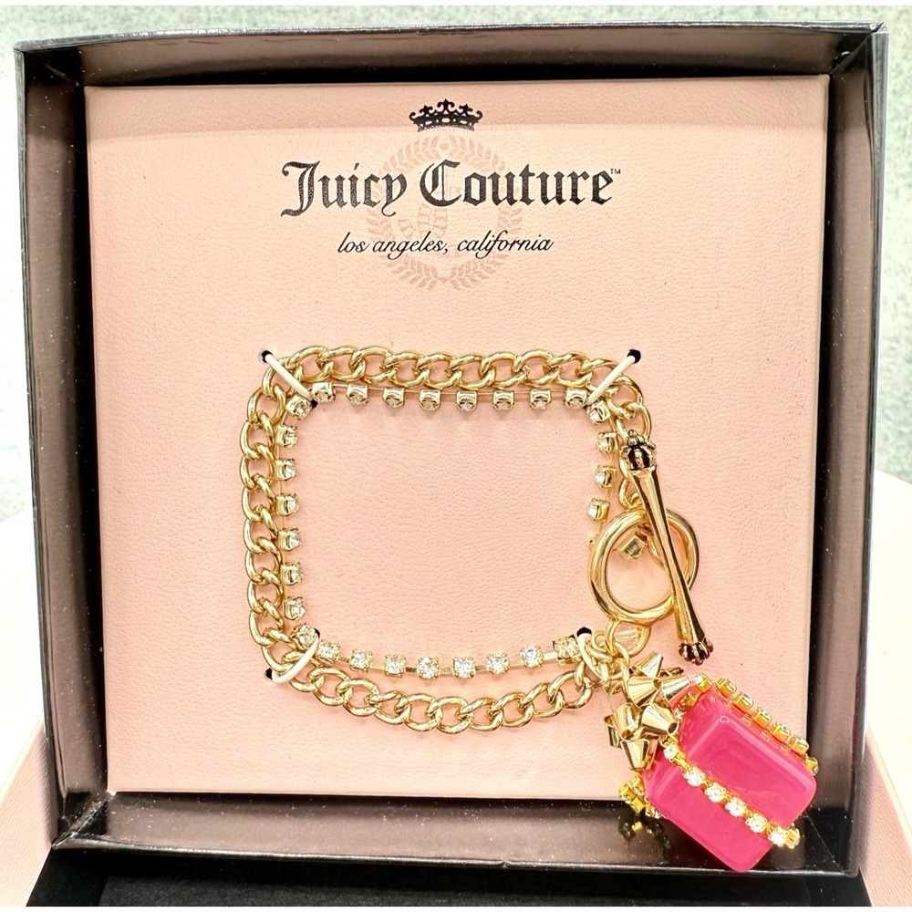 Juicy Couture Gold Tone Chain Link Charm Bracelet Pink Gift Box Rhinestone NIB